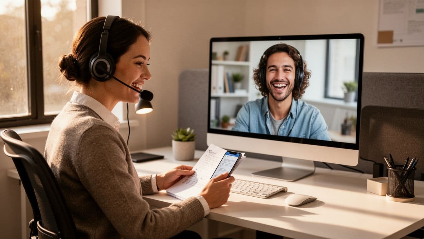A contact center agent with headset checks notes on their phone during a call to avoid poor qualification pitfalls, resulting in a happy customer on screen. Features a modern desk setup in realistic style with warm lighting, exactly one agent.