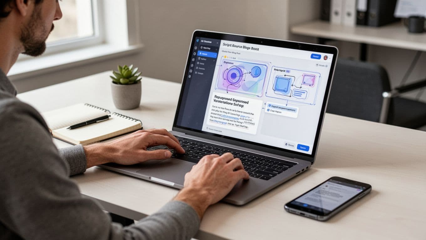 Photo-realistic image of a content creator in a modern workspace using an AI interface on a laptop to generate repurposed content variations like scripts and captions from a source blog post, with relaxed hand on mouse and abstract outlines on screen.