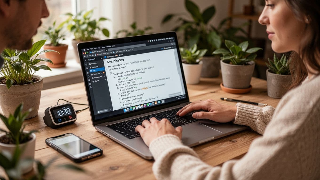 Photo-realistic image of a content creator in a cozy workspace, relaxed at a laptop angled slightly, transforming blog steps into a short video script with hands on keyboard, phone timer nearby, plants, and soft natural lighting in digital marketing style.