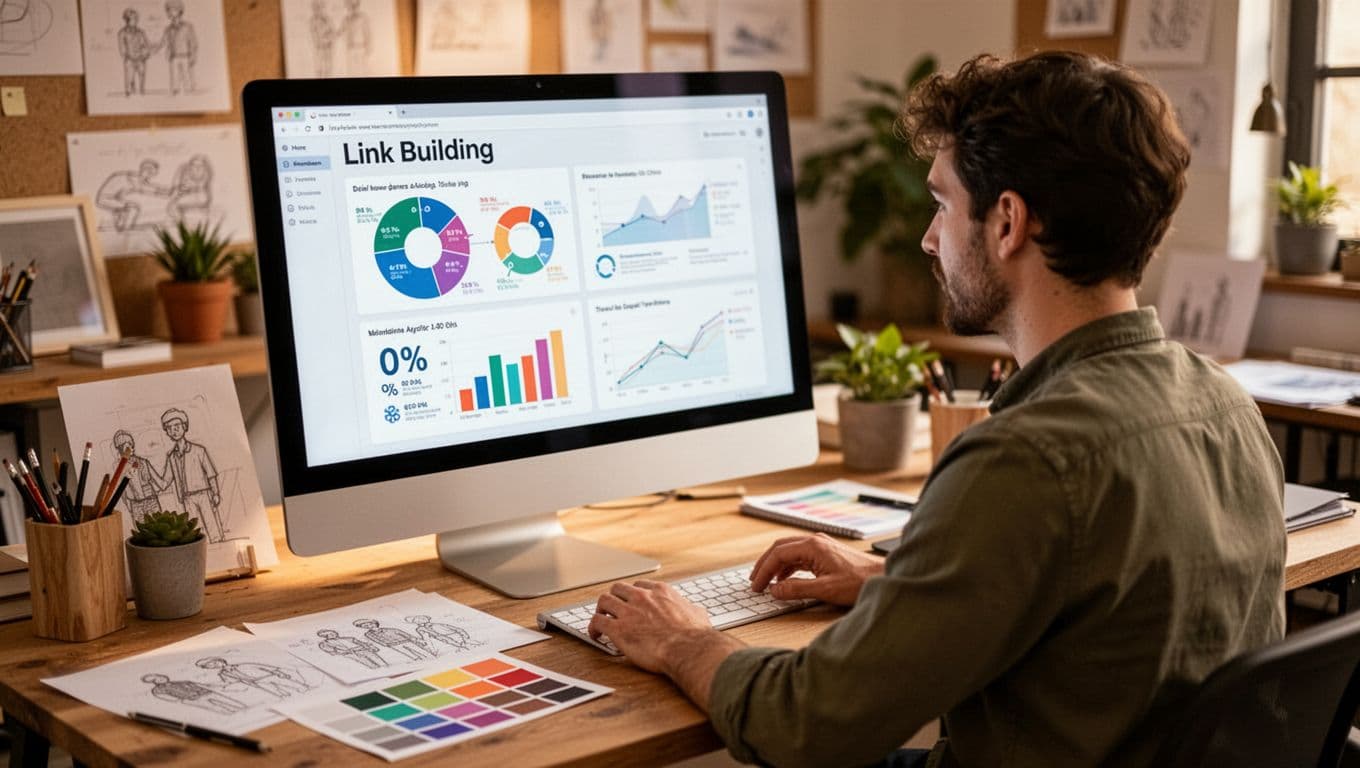 Photo-realistic image of a content creator at a desk in a creative workspace, designing a data-driven infographic for link building on a blurred computer screen, with sketches and color palette nearby under warm natural lighting.