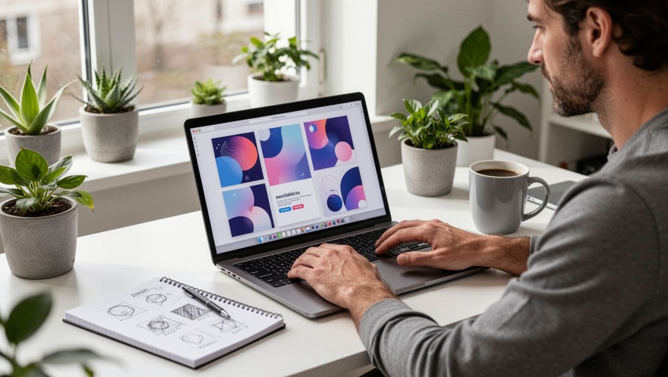 Photo-realistic depiction of a mid-30s content creator working on scroll-stopping social media graphics on a laptop in a bright modern home office, featuring notepad sketches, coffee mug, plants, and natural daylight.