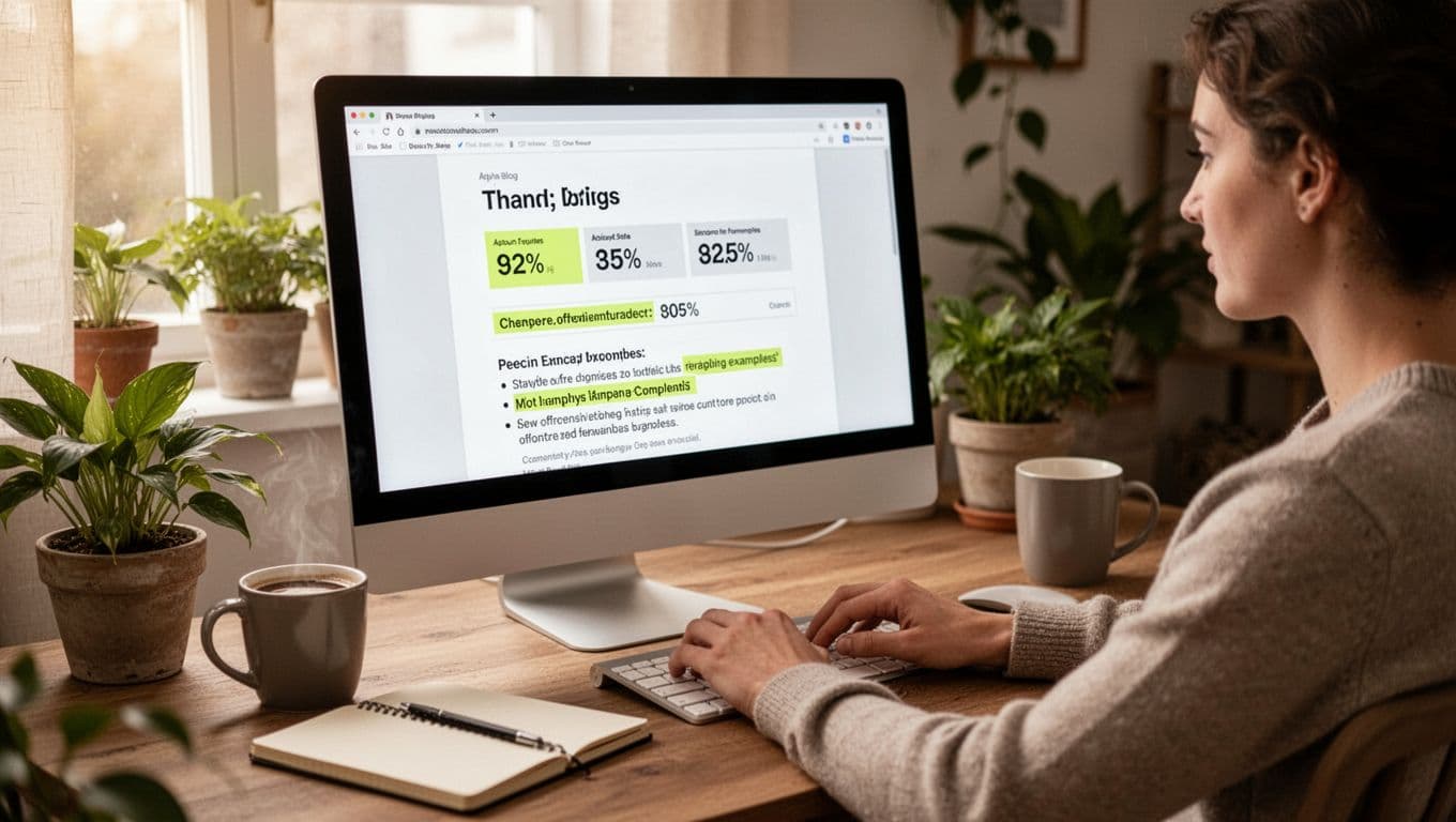 Photo-realistic image of a content creator relaxedly updating a blog post on a computer in a cozy workspace, with highlighted stats on screen, coffee mug, notebook, plants, and soft window light.