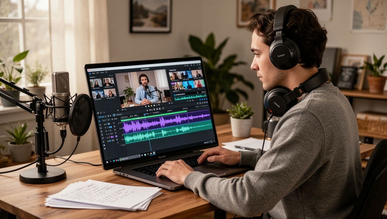 Photo-realistic image of a 30s content creator in a home office editing short social media clips from a long podcast interview on a laptop, with waveforms and timeline visible on screen, headphones around neck, focused expression, desk with microphone and notes, natural light.