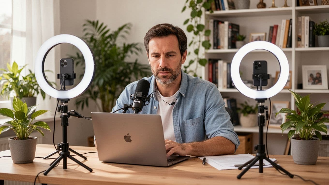 Photo-realistic image of a mid-30s content creator in a bright home office recording a professional video podcast using a laptop webcam, clip-on lavalier microphone, and portable ring light on a desk with plants and bookshelves in the background.