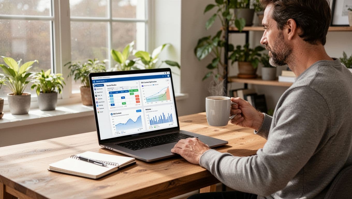 Photo-realistic image of a mid-30s content creator in a bright home office, sitting at a wooden desk with a laptop displaying social media scheduling, SEO optimization, and website analytics dashboards. Holding a coffee mug, with notebook and pen nearby, natural daylight from a large window, and plants on a background shelf.