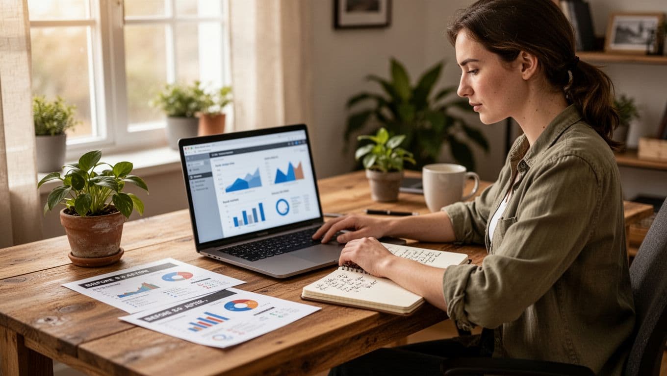 Photorealistic image of a content creator at a wooden desk in a cozy home office, with a laptop showing blurred before-and-after SEO charts, nearby notebook with notes, printed screenshots, potted plant, and coffee mug under soft natural light.