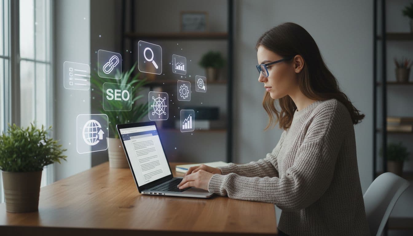 Content creator types on laptop amid subtle SEO icons like keywords and backlinks in modern workspace with plants and daylight.