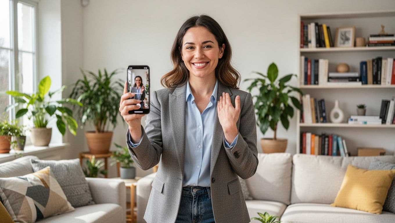Photo realistic image of a content creator woman standing in a bright living room, holding a smartphone with a relaxed grip to film a short authentic video, genuine smile, casual business attire, home plants and bookshelves in background, natural daylight.