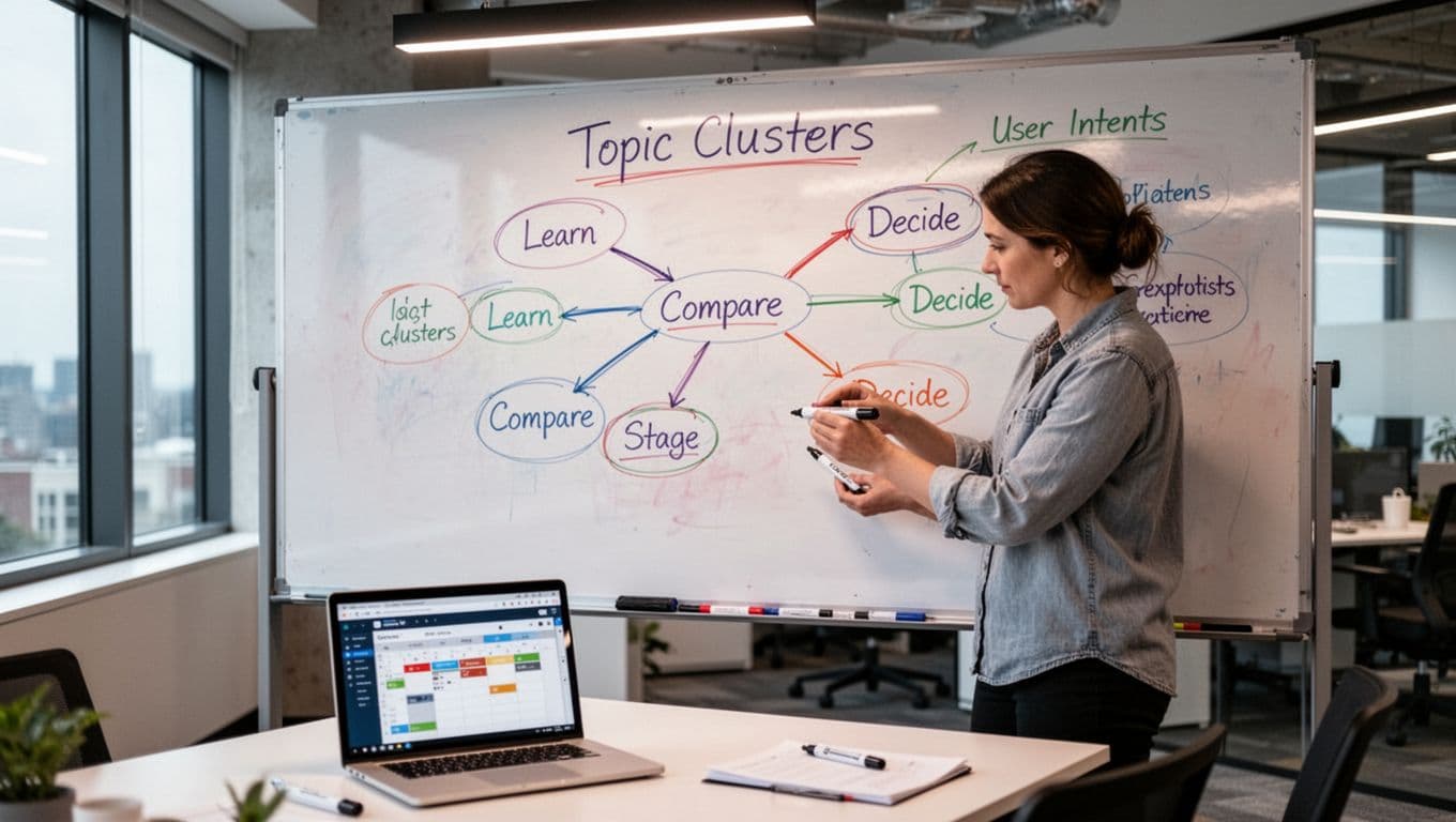 Photo-realistic image of a content strategist in a contemporary office mapping topic clusters and user intents on a large whiteboard with colored markers, outlining learn, compare, and decide stages; laptop shows content calendar below.