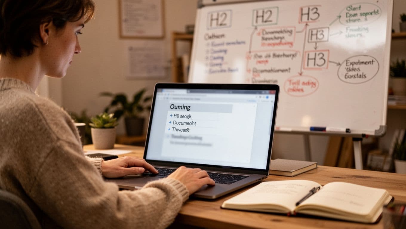 Photorealistic image of a content writer in a cozy workspace, outlining document structure on a blurred laptop screen showing vague heading hierarchy, with a whiteboard displaying H2 and H3 notes in the background, open notebook, and soft lighting.