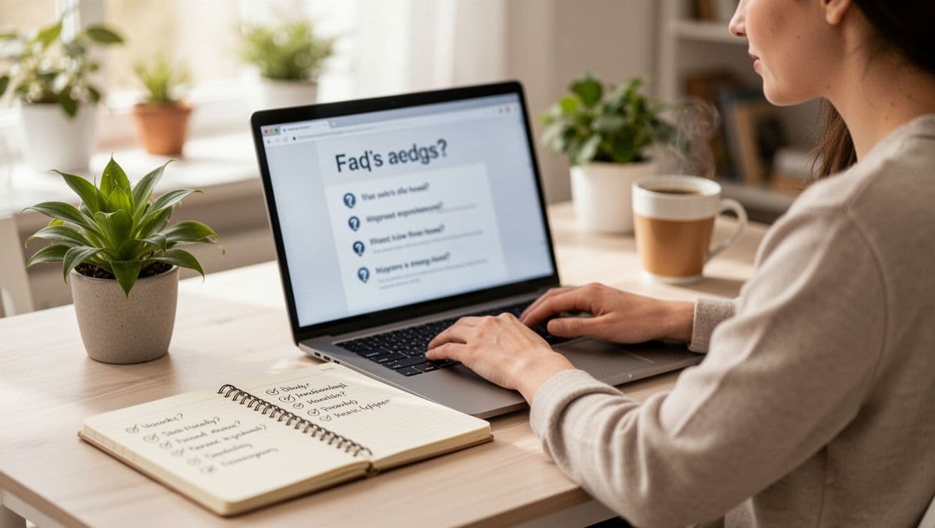 Photorealistic image of a content writer typing on a laptop with a blurred FAQ screen in a bright home office, featuring an open notebook with bullet points, plant, and coffee under soft natural light.