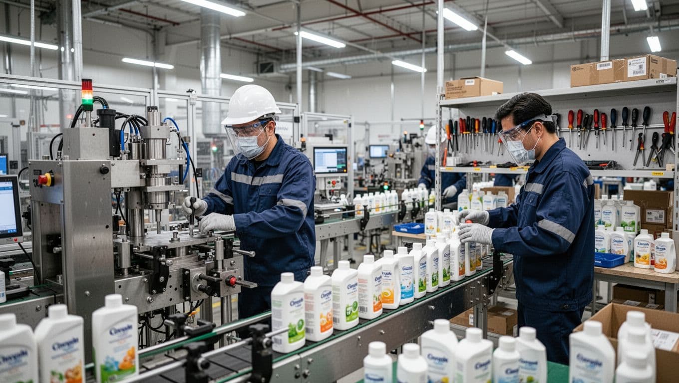 Clean modern factory interior featuring a production line assembling consumer products, one worker in safety gear operating machinery, and another performing quality checks on finished items amid organized workstations and bright lighting.