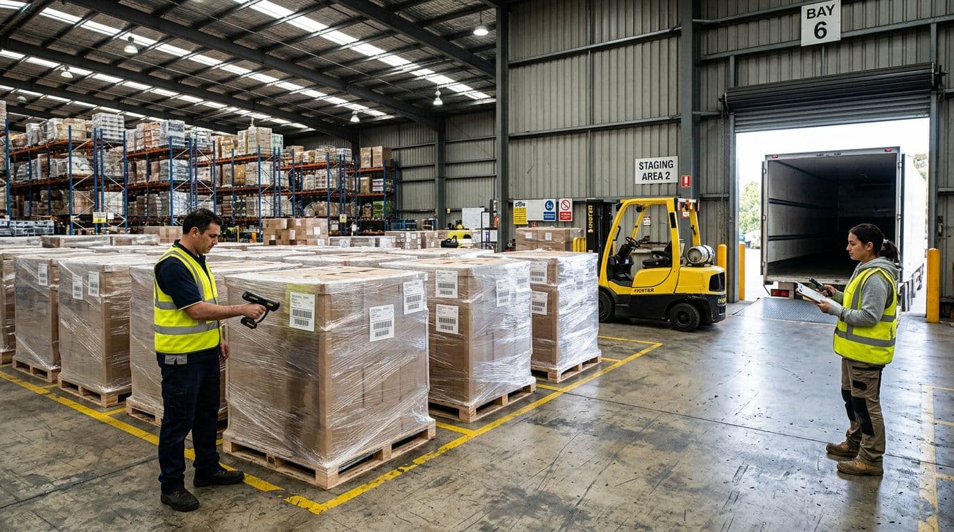 Photorealistic landscape of a contract packaging production line during shipping preparation, with wrapped pallets labeled, two workers scanning SSCC barcodes before truck loading in a warehouse staging area.
