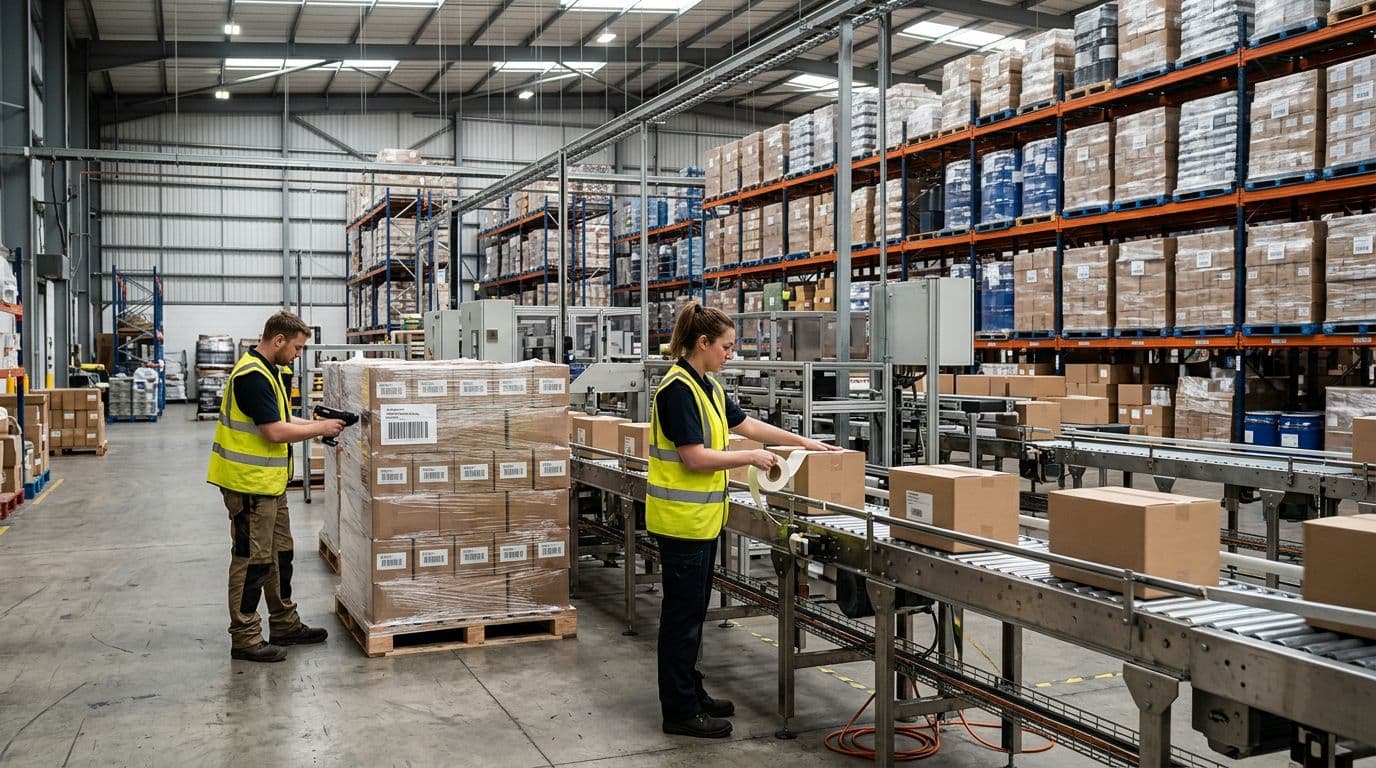 Photorealistic landscape of a contract packaging warehouse production line with one worker scanning a barcode on a pallet and another applying labels to cases on a conveyor, stacks of ingredients and finished goods under natural daylight.