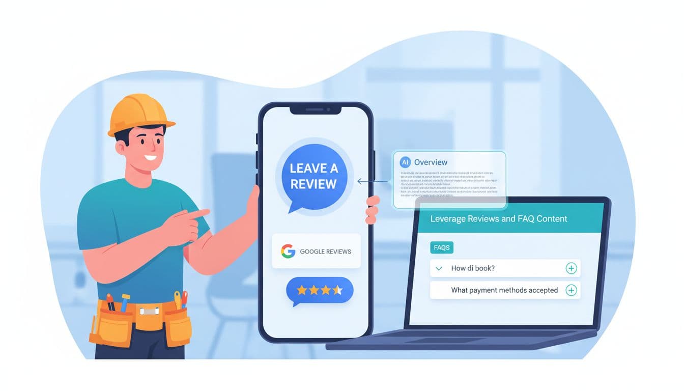 Professional illustration of a contractor encouraging customer reviews on a phone alongside a laptop showing an FAQ accordion and website with speech bubbles featuring star ratings and Google reviews integration in blue teal digital style.