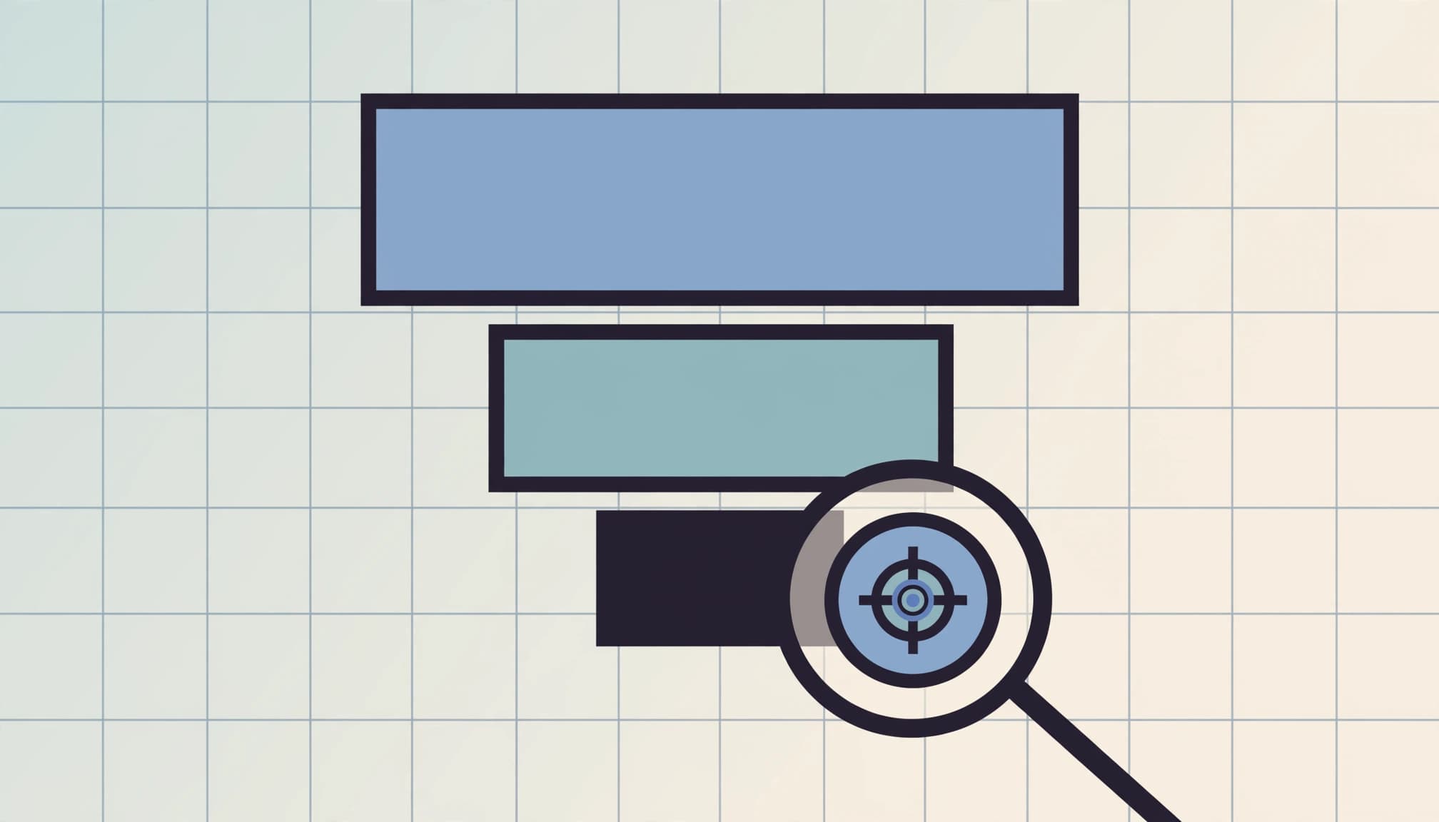 A 2D illustration of a conversion funnel made of geometric blocks with a magnifying glass.