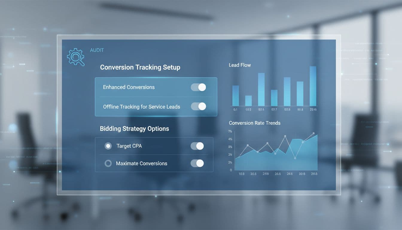Modern blue-white dashboard shows conversion tracking setup, offline leads, bidding options, and lead flow charts.