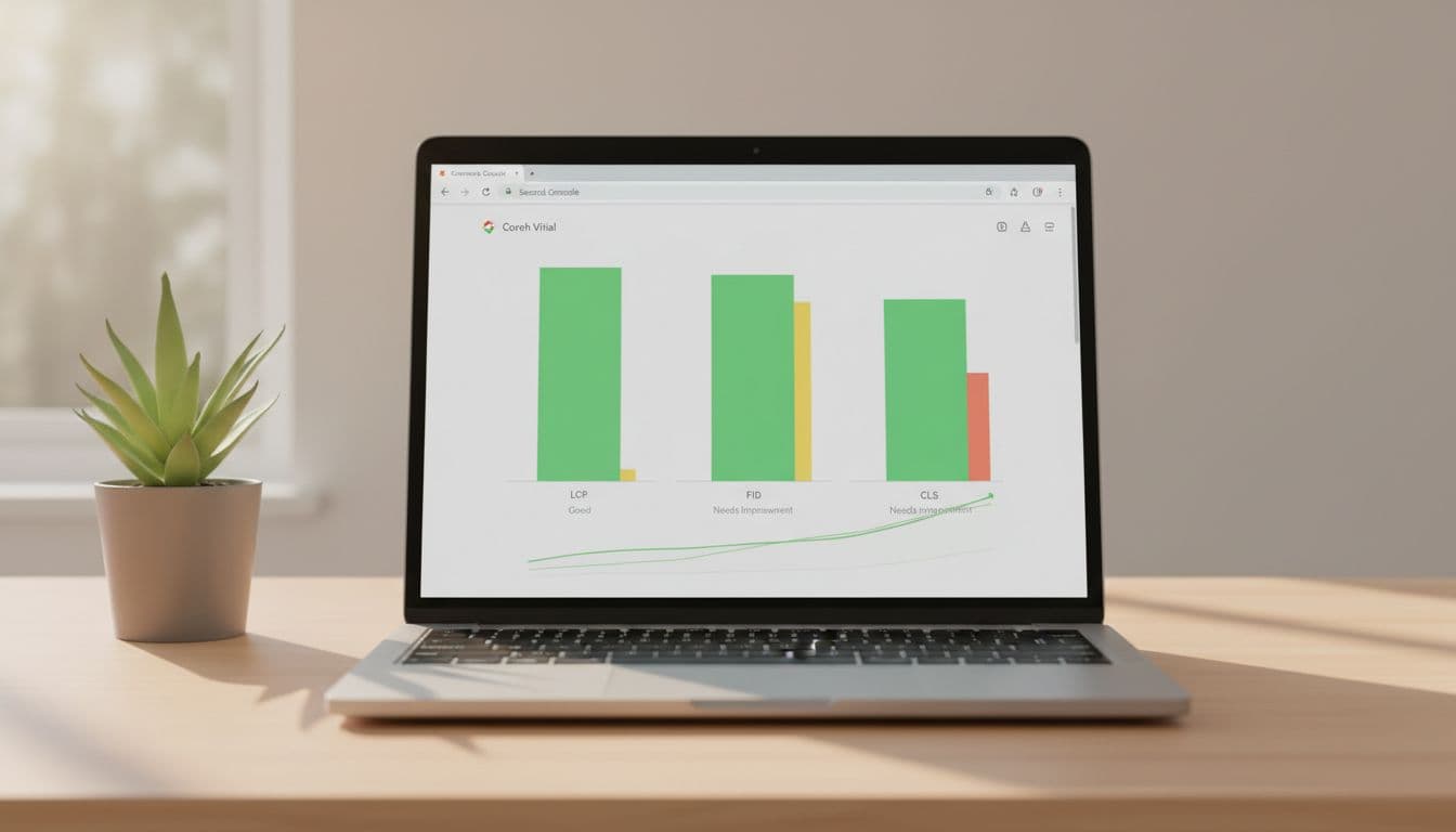 Graph charts of Core Web Vitals metrics in Google Search Console for a fast-loading lead gen page, displayed on a laptop in a minimalist workspace with green plant, highlighting good vitals scores in clean modern digital-marketing style.