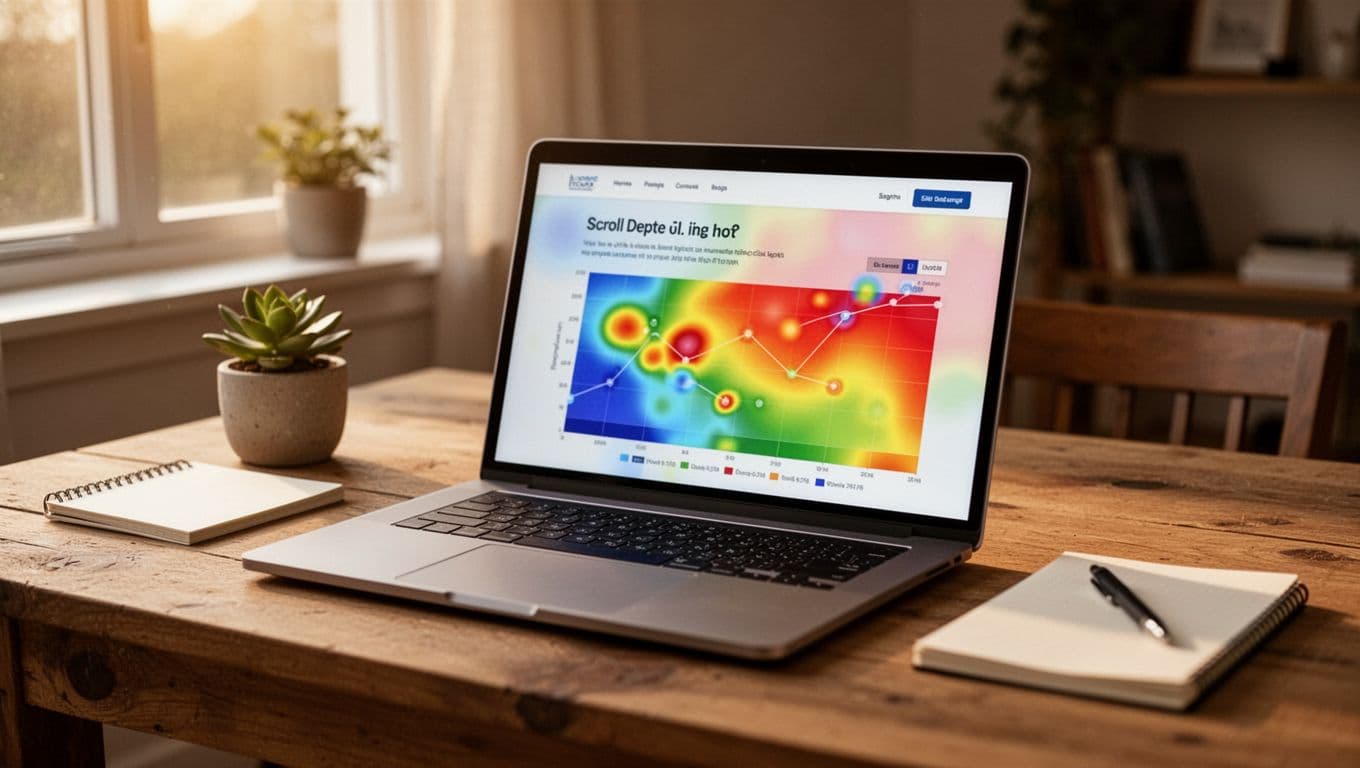 Photorealistic image of a laptop on a wooden desk in a cozy home office, displaying a colorful website heatmap highlighting user click hot spots and scroll depth. A small plant and notepad sit nearby under soft natural afternoon lighting from a window, with no people or readable text visible.