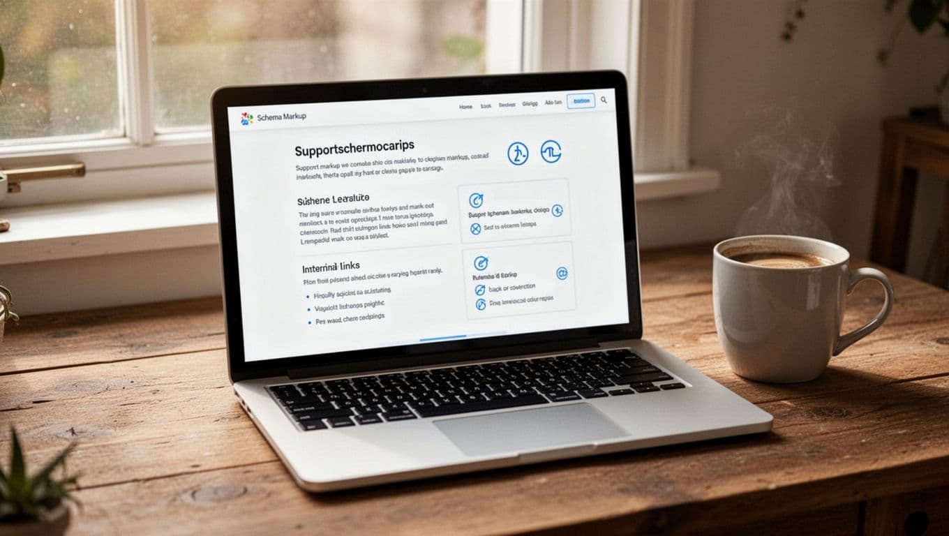 Realistic photo of a single laptop on a wooden desk in a cozy workspace, screen angled slightly showing a clean webpage with structured headings, short paragraphs, bullet lists, and internal link icons. Coffee mug nearby, natural window light, no readable text, UI details, people, letterboxing, or borders.