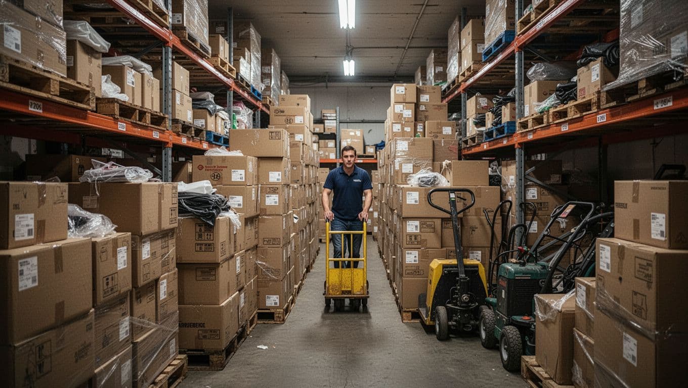 Photorealistic scene of a cramped warehouse with overflowing pallets of cardboard boxes blocking aisles and detailed clutter on shelves under dim fluorescent lighting. A single worker squeezes through a narrow path with a hand truck, unused equipment pushed aside.