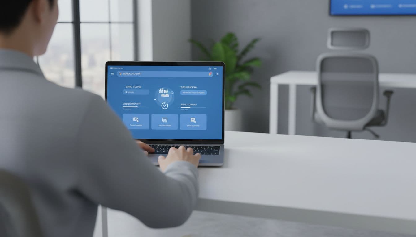 Person at a clean desk using laptop to create Google account and add website property in Search Console, with relaxed hands on keyboard in a simple modern office setting.