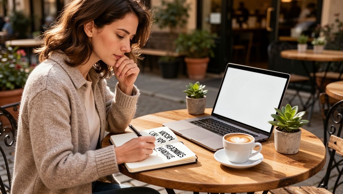 A thoughtful creative marketer at a cozy outdoor cafe table writes ad headlines in a notebook, with an open laptop, fresh coffee, and a small plant nearby in a photo-realistic business scene under natural afternoon light.