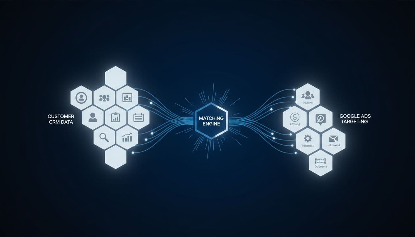 Abstract nodes in dark blue and white connect to show CRM data matching ad targeting.