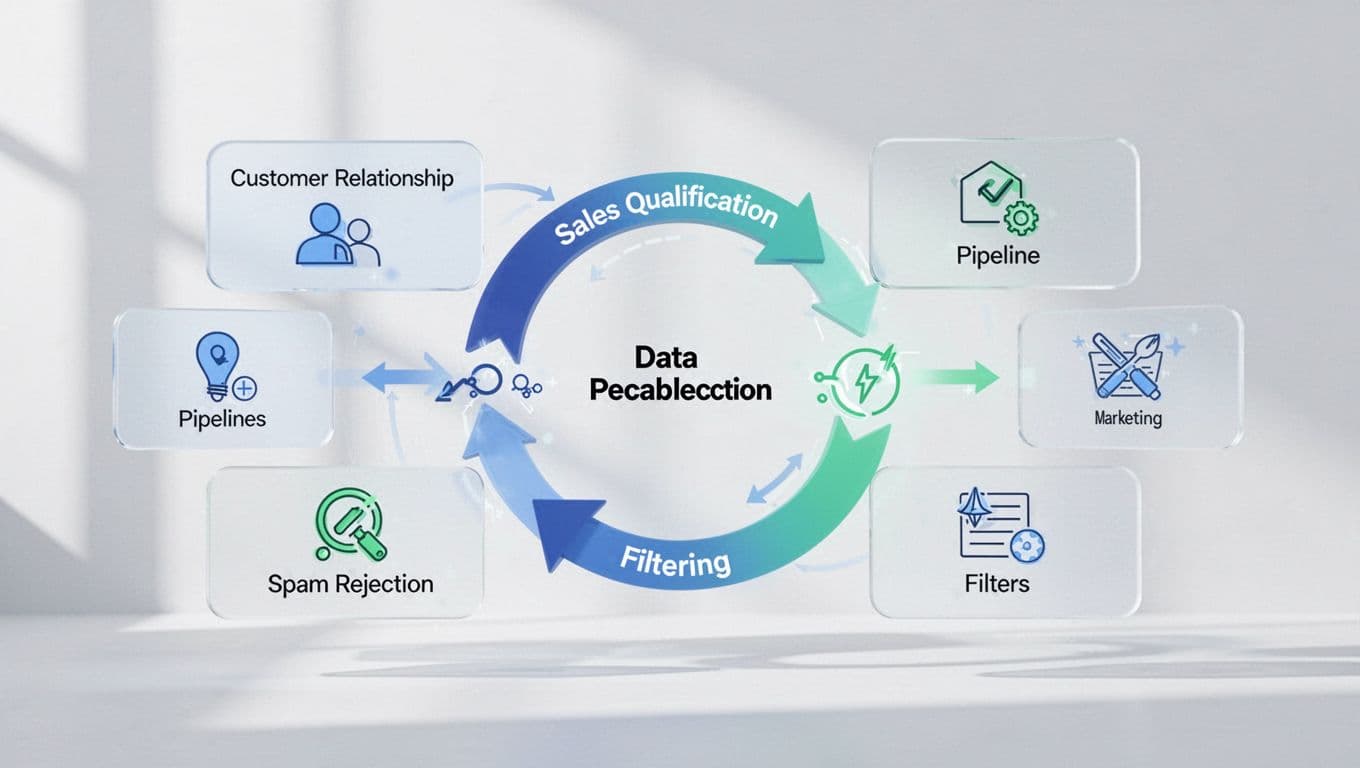 Flat diagram shows data flow from CRM sales qualification to marketing filters via GA4 and Google Ads icons with leads pipeline.