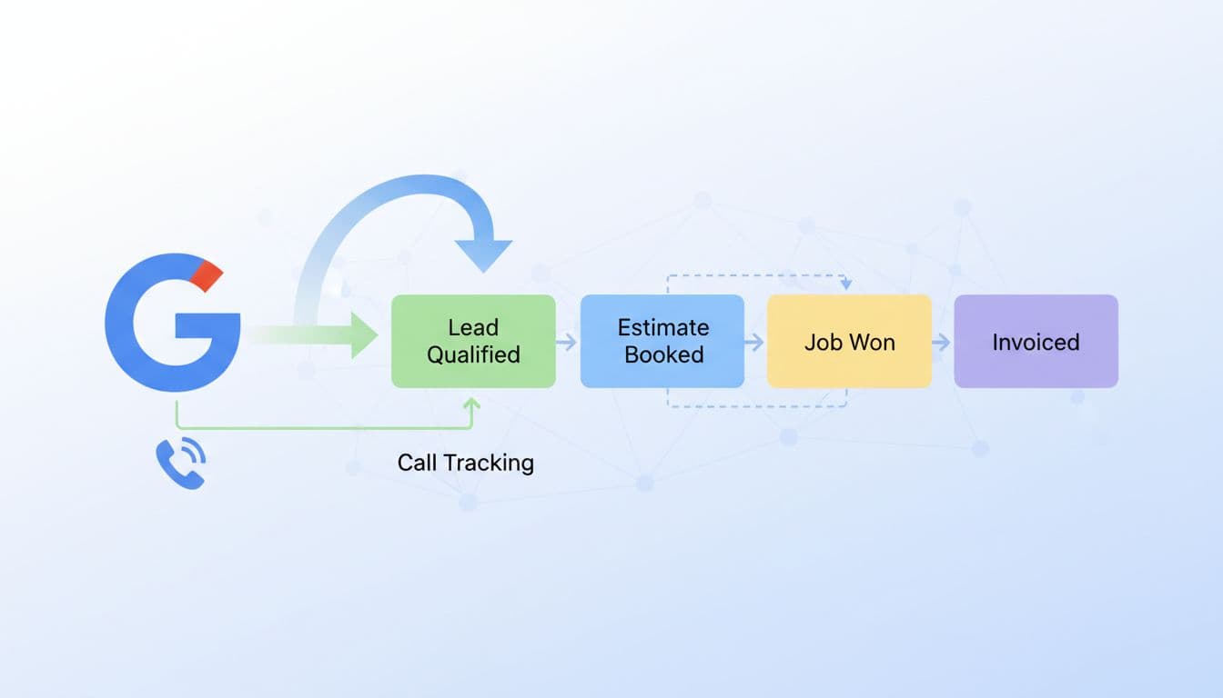 Clean modern illustration of CRM integration for offline tracking, featuring Google Ads icon connecting to CRM pipeline stages like lead qualified, estimate booked, job won, with data import arrows and linked call tracking phone icon. Service business lead flow diagram in SaaS dashboard style using subtle colors, no text or people.