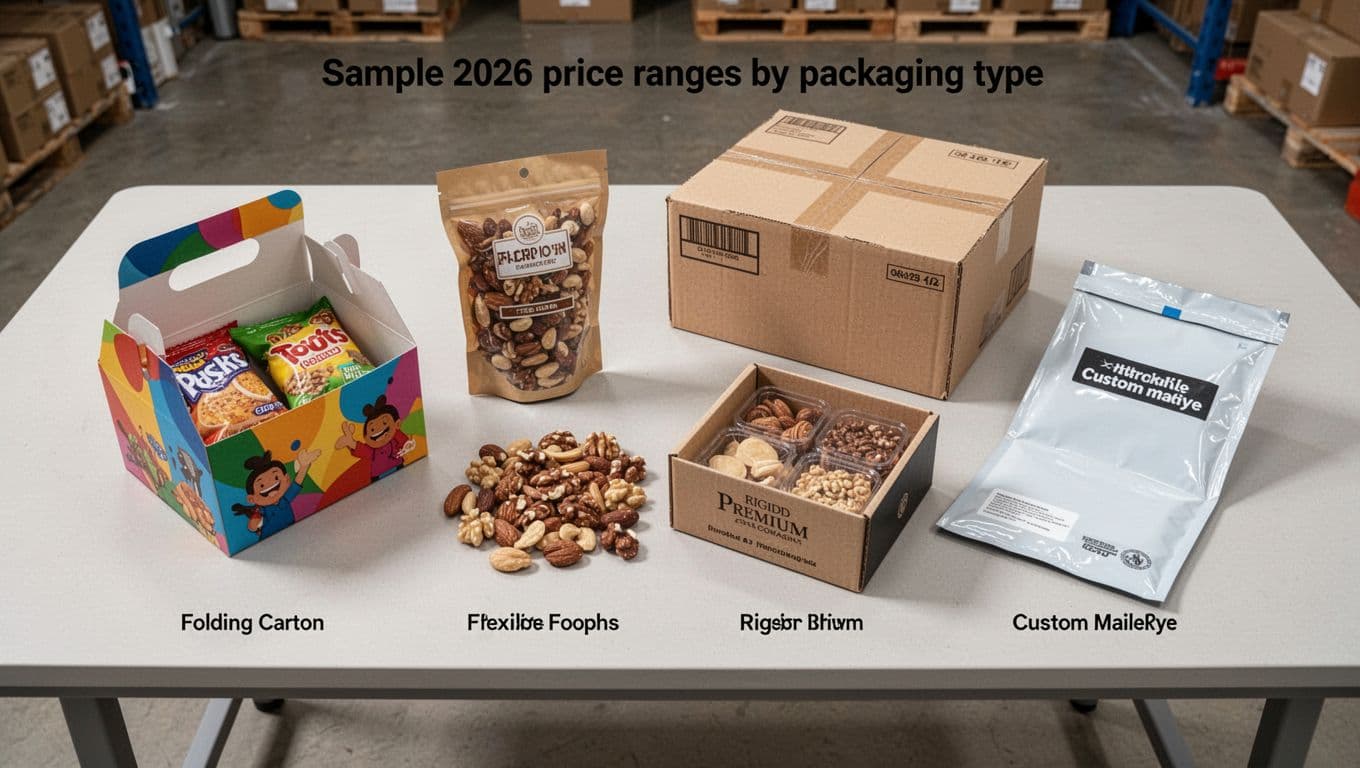 Overhead view of five custom food packaging types on a clean warehouse table: colorful folding carton with snacks, stand-up pouch with nuts, corrugated shipping box, rigid premium box with treats, and mailer envelope; realistic product photography with soft natural lighting and high material detail.