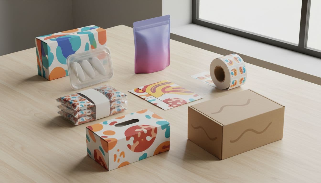 A diverse assortment of custom food packaging items, including colorful printed boxes, stand-up pouches with zippers, plastic trays with lids, shrink film bundles, paperboard sleeves, custom label rolls, club store multipacks, and e-commerce shipping boxes, arranged in a balanced grid on a clean wooden table from above.