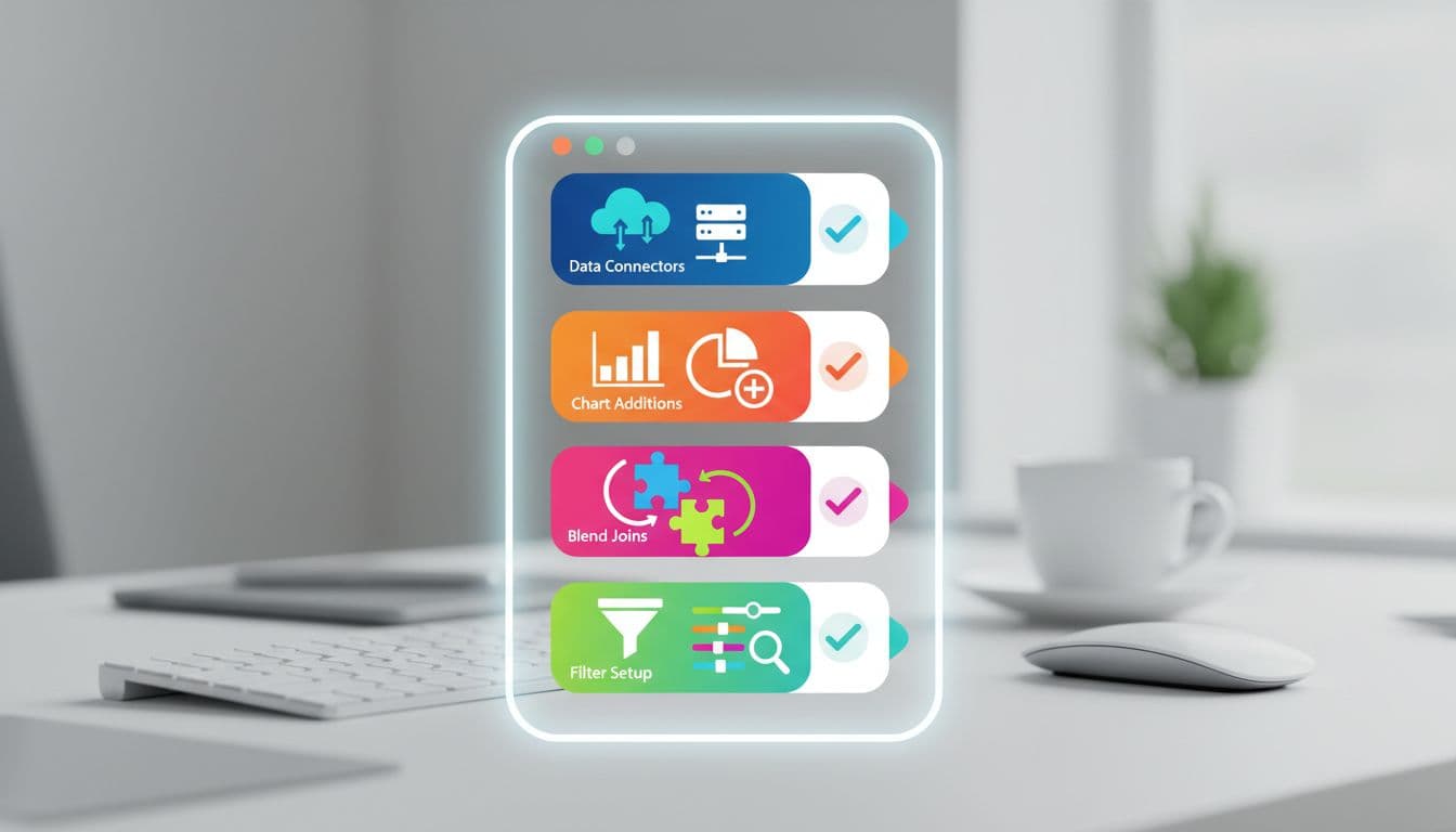 Abstract icons on a screen illustrating dashboard building steps including data connectors, chart additions, blend joins, and filter setups in a vibrant infographic style with blurred desk background.