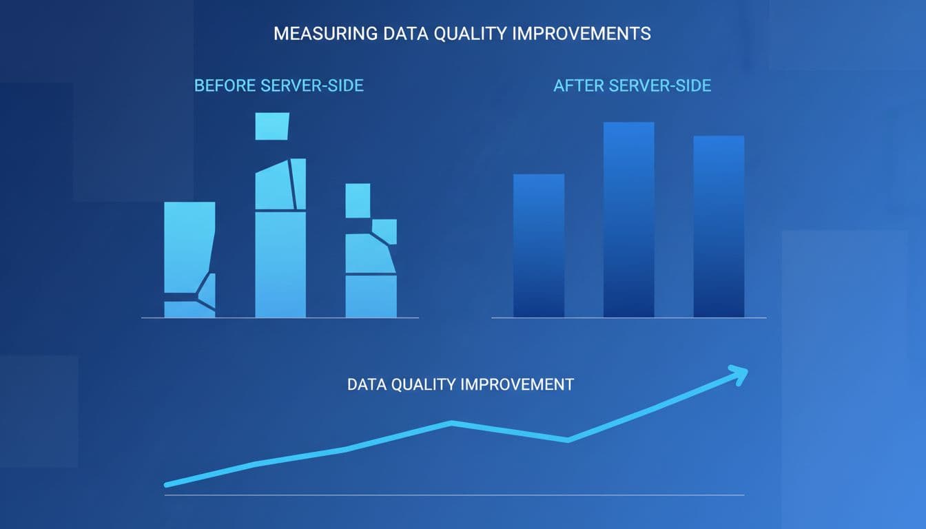 Side-by-side before-and-after charts in dashboard style: left bar chart with gaps showing poor data accuracy, right with full bars for improved attribution; rising line graph for data quality, blue tones, professional, no labels.
