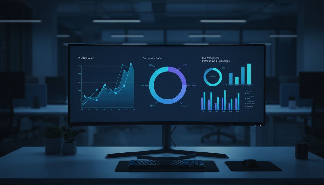 Large monitor in dimly lit blue-toned office displays graphs for pipeline value, conversion rates, and ROI metrics.