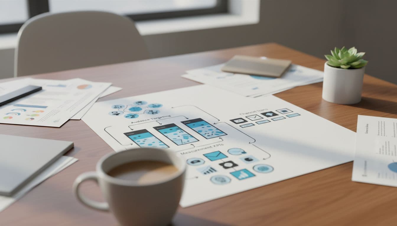 Flowchart on desk with audience targeting, content pillars, channel icons, KPIs connected by arrows, papers, coffee mug nearby.