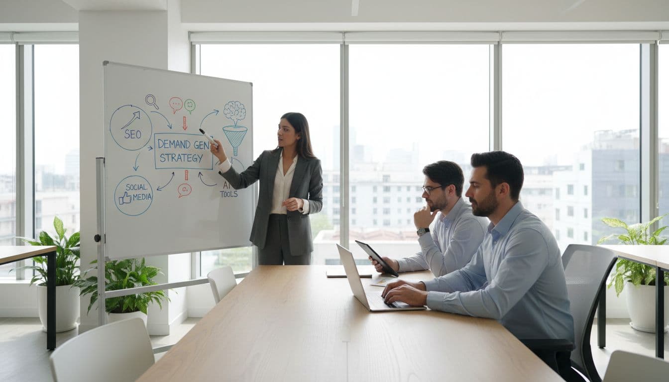 Three professionals in modern office: woman points at whiteboard with SEO, social, AI charts; man on laptop, man on tablet.