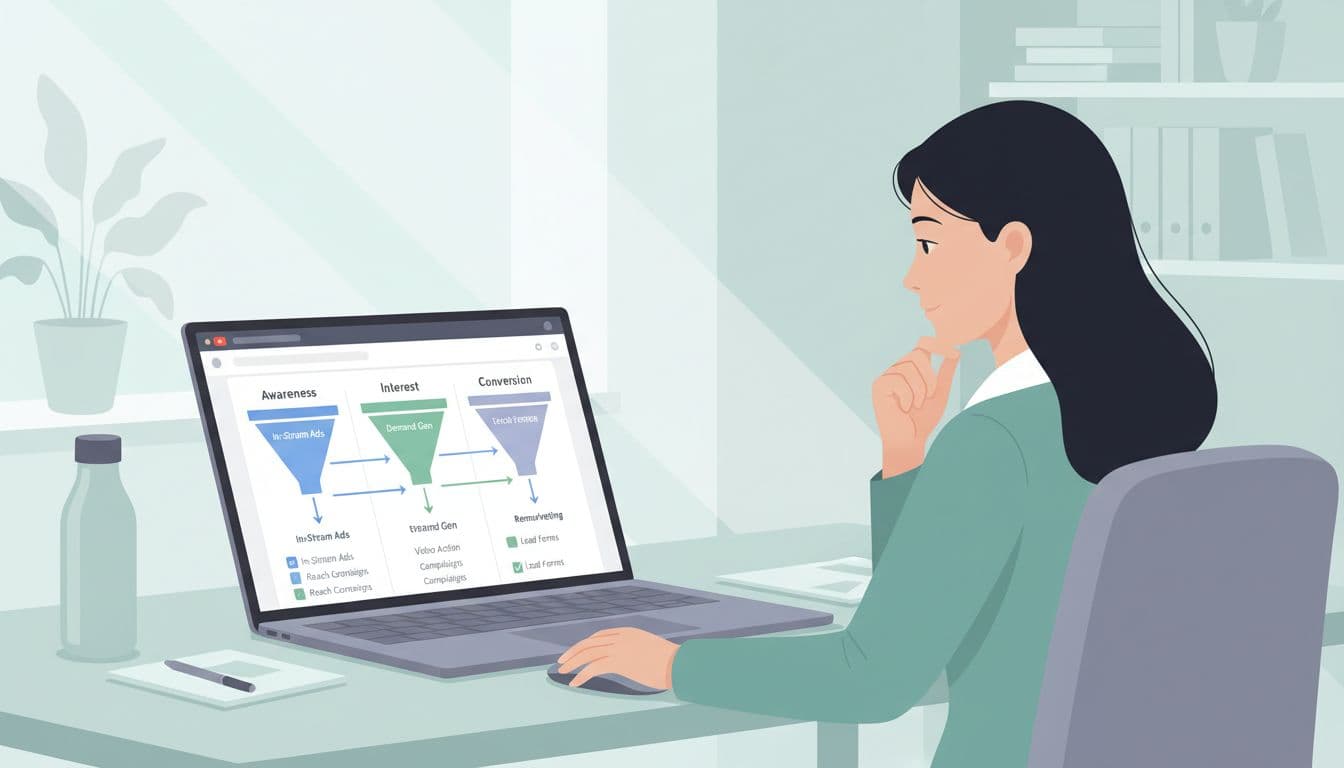 A dental clinic marketer at a modern desk reviews YouTube ad formats like in-stream, demand gen, and remarketing on a computer interface, with funnel stages of awareness, interest, and conversion visualized nearby in a clean realistic office setting.