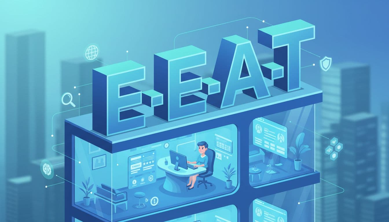 Illustration of a dentist in a professional office setting, viewing computer screen displaying licenses, reviews, and author bios alongside trust badges and subtle AI verification icons in a blue teal marketing theme.