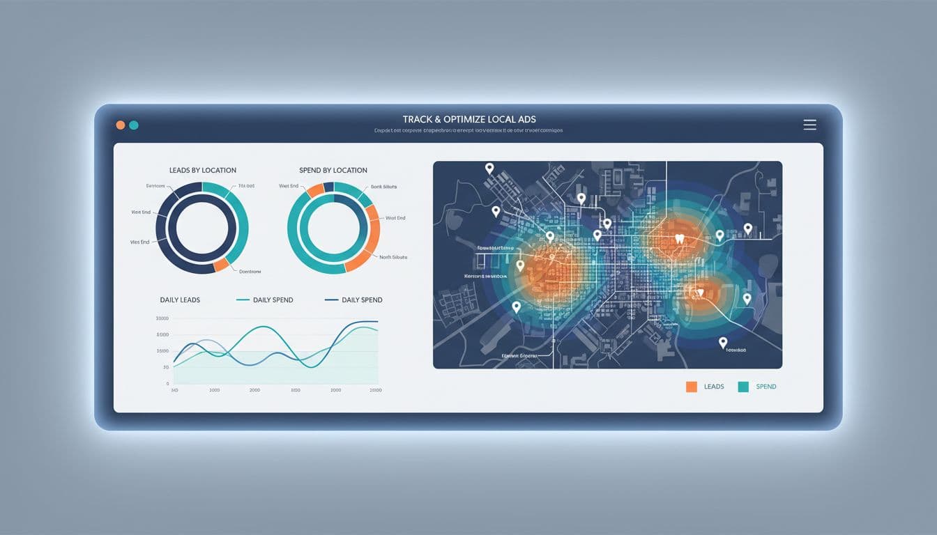 Analytics dashboard illustration showing Google Ads local campaign metrics with graphs of leads and spend by location for a dentist service area, in a clean professional style with charts and map overlay.