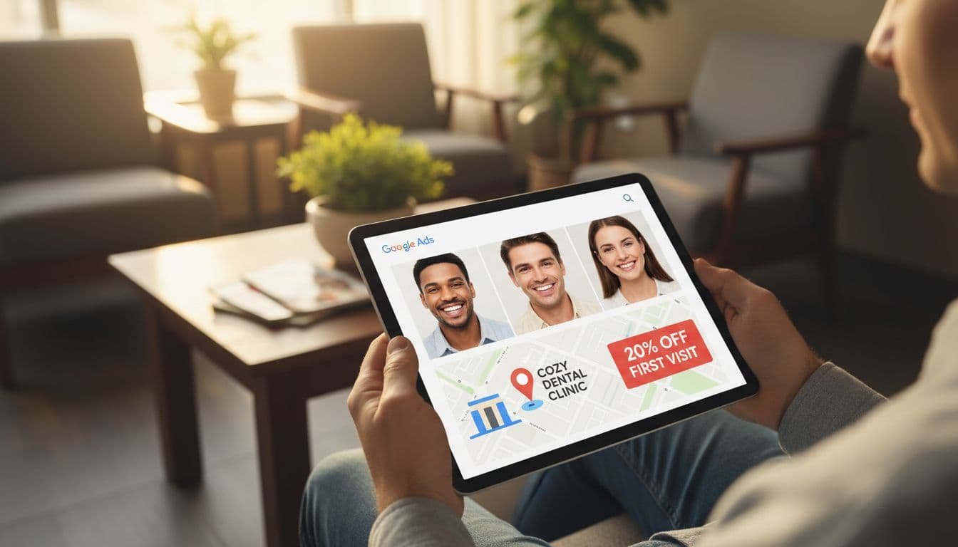 Tablet held loosely by two hands in a cozy dentist office waiting room displays Google Ads with smiling patients, location map pin on clinic, and 20% off first visit promotion. Realistic landscape photography style with warm ambient lighting, no text, logos, or people visible besides hands.