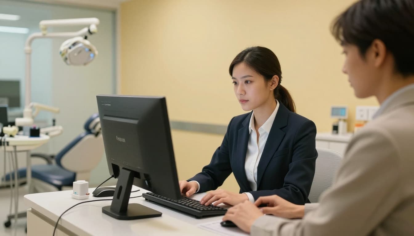 Focused dentist office receptionist at desk setting up Google Ads campaign on computer in modern clinic interior with dental chairs in background, warm lighting, realistic photo with one person hands on keyboard.