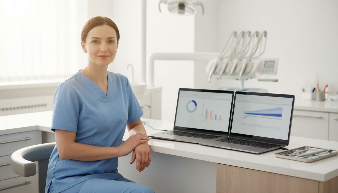 Female dentist in scrubs sits at desk with two laptops showing blurred comparison charts in modern dental office.