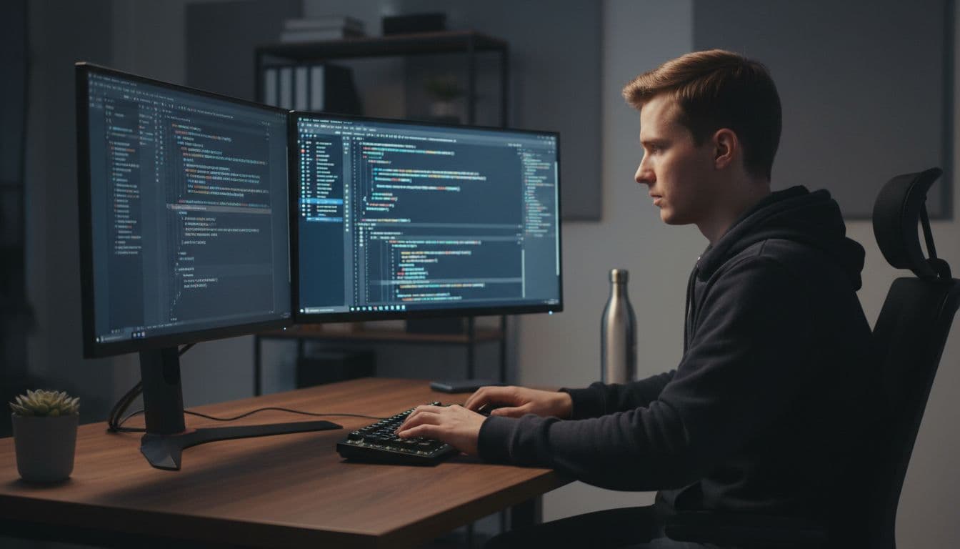 A focused developer at a modern workstation types code for server-side API integration on dual monitors with code editors open.