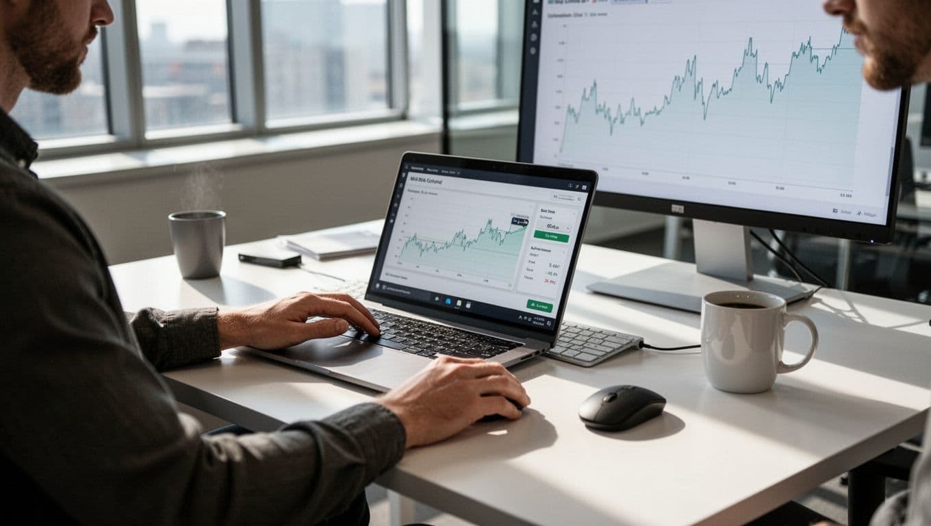 Hands adjust Google Ads bid slider on laptop, blurred improving ROI chart on secondary screen, with keyboard, mouse, coffee mug.