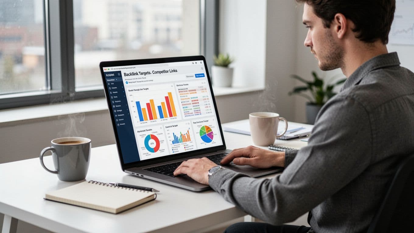 Photo-realistic image of a digital marketer sitting at a modern desk in a bright office, analyzing backlink targets and competitor links on an angled laptop screen displaying colorful charts, with a coffee mug and notebook nearby, illuminated by natural daylight.