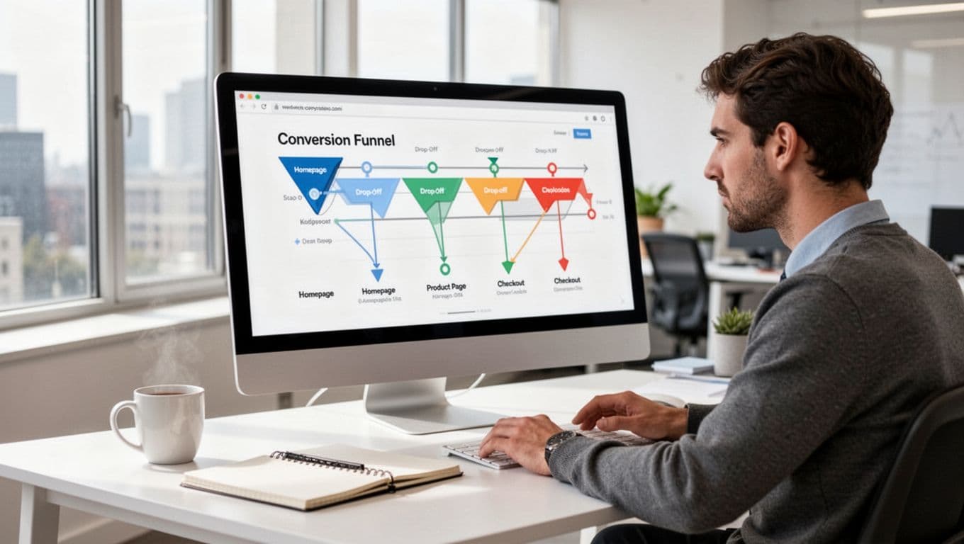 Photo-realistic image of a focused marketer at a desk in a bright modern office, analyzing a website conversion funnel chart on a large screen showing drop-off points, with a coffee mug and notebook nearby.