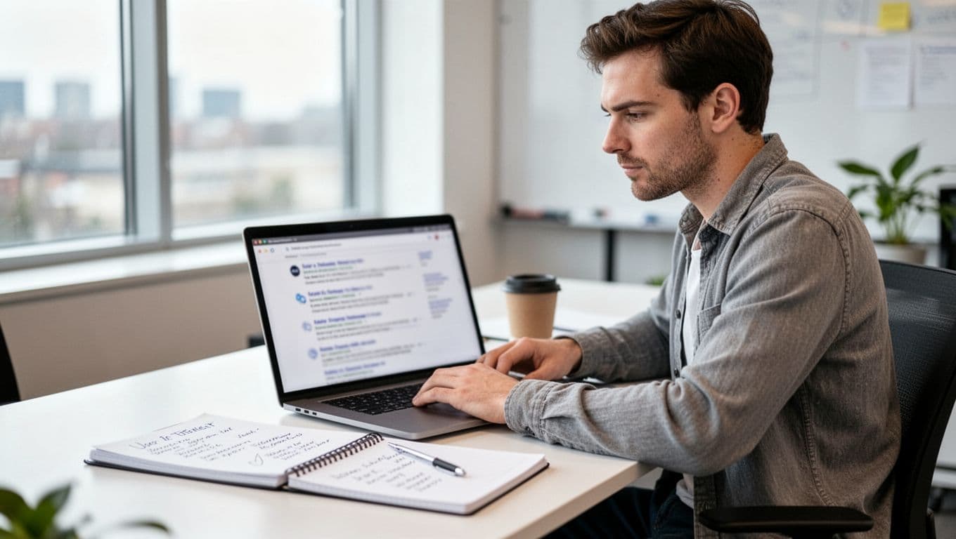 Photorealistic image of a focused digital marketer at a desk in a bright modern office, with a laptop showing a blurred search engine results page, notepad, pen, and coffee cup nearby.