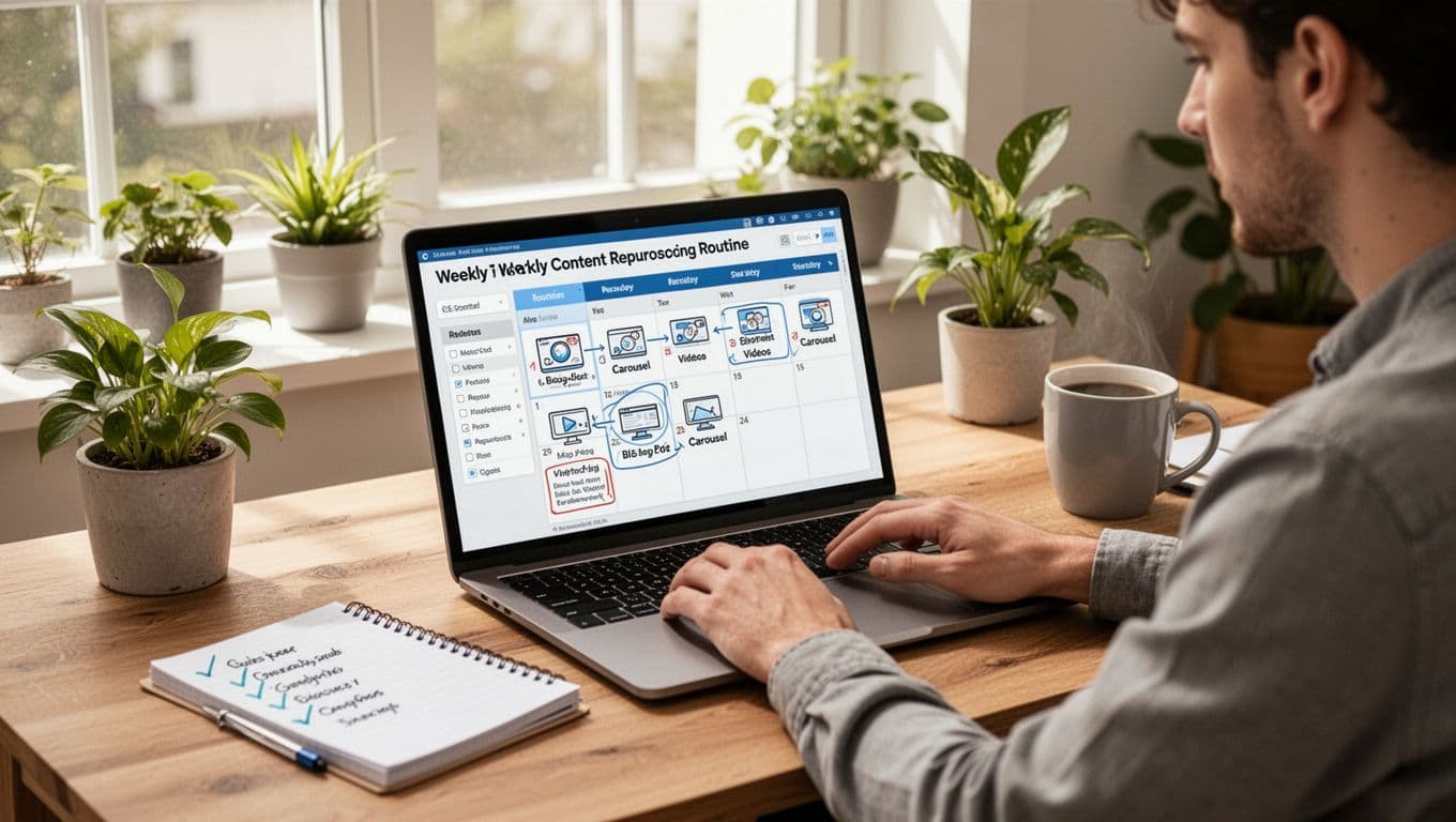 Photo-realistic image of a solo digital marketer in a bright home office, seated at a wooden desk planning a weekly content repurposing routine on a laptop calendar with outlined assets like carousels and videos.