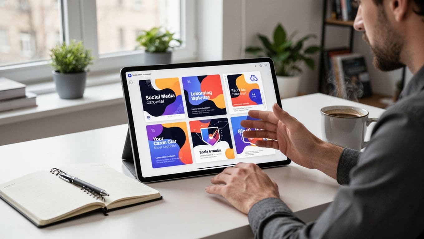 Photo-realistic image of a digital marketer in a bright modern home office crafting a social media carousel post on a tablet with abstract bold graphics slides. Focused workspace includes gesturing hand, notebook, coffee mug, and natural window light.